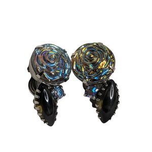 Juliana Vtg Iridescent Carved Molded Glass Rose Black Clip On Statement Earrings